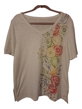 Chicos L Lime Green V-Neck Citrus Print Top
